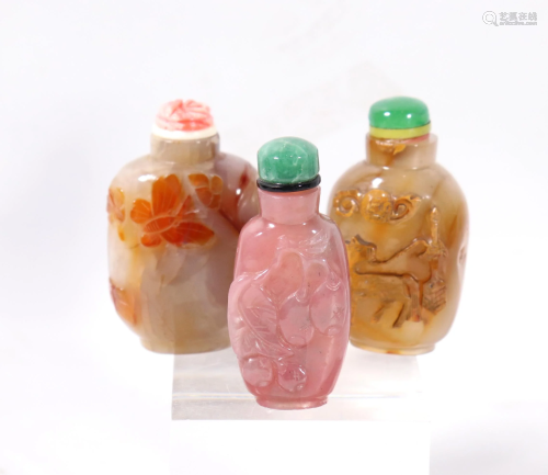 3 Chinese Snuff Bottles, 2 Agate 1 Pink Cr…
