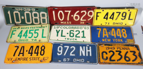 9 US Automobile License Plates 1938-1974