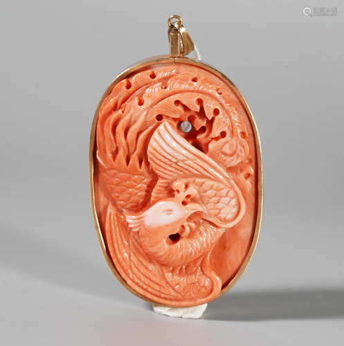 Chinese Carved Coral Phoenix & 14K Gold…