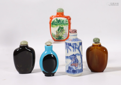 5 Chinese Qing Snuff Bottles, 4 Porcelain 1 Glass