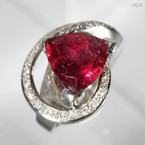 Triangle Cut Rubellite & Diamond Ring,18 White G