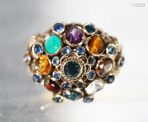 Vintage Designer Multi-Gemset Gold Dome R…