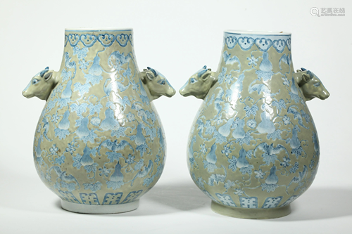 Pair Chinese Blue & White & Celadon Porcelai…