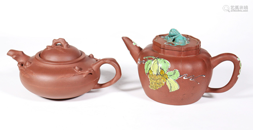 2 Chinese Yixing Teapots; Enameled & Flow…