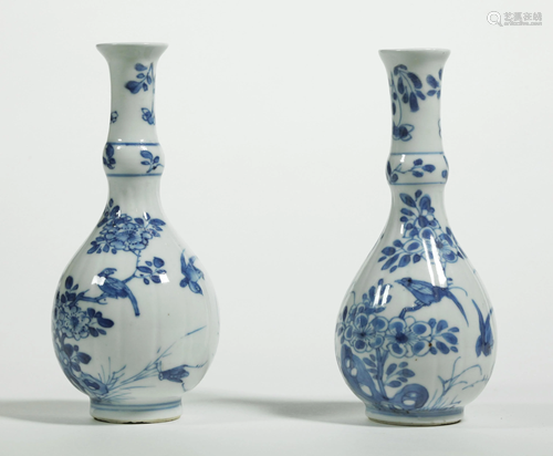 Pr Chinese Kangxi Blue & White Bottle Vases