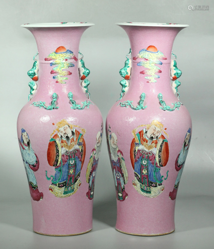 Pr Chinese 19 C Pink Enameled & Sgraffito Vases