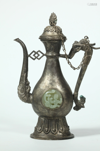 Chinese Silvered Metal & Jade Wine Pitcher