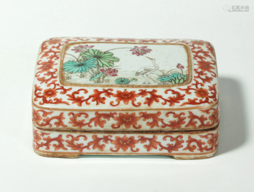 Chinese Egret & Lotus Porcelain Rectangular Box