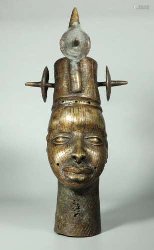 African Bronze Head with Elaborate Hat & Hair