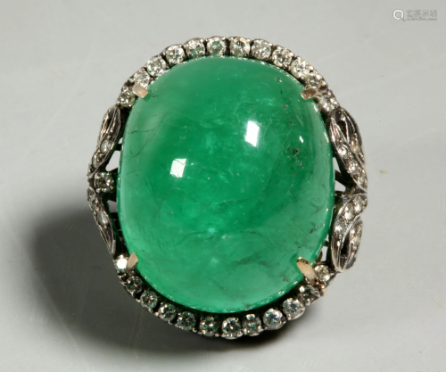 Lg Natural Cabochon Emerald; Gold & Diamond…