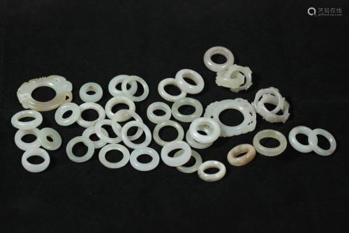 36 Chinese Qing Jade Rings; Pair Earrings