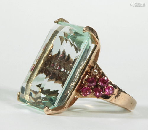 Vintage Aquamarine, Ruby Ring 14K Rose Gold