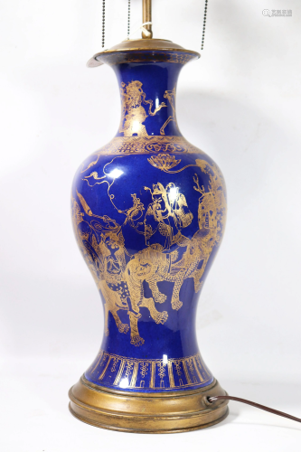 Chinese Qing Blue & Gold Porcelain Vase Lamp