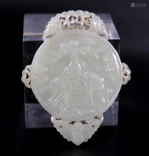 Lg Chinese 18/19 C Elephant & Vase Jade Plaque