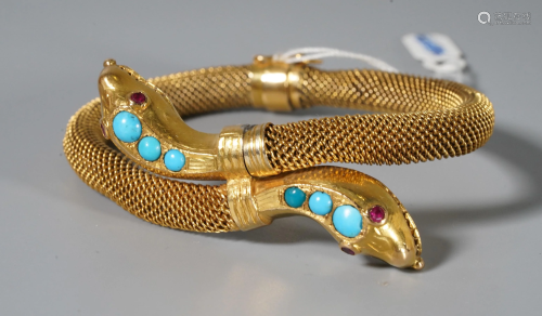 Greek-Style 18 Karat Gold Gemset Snake Bangle