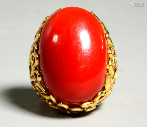 Large Dark Aka Coral Cabochon 18K Ring…