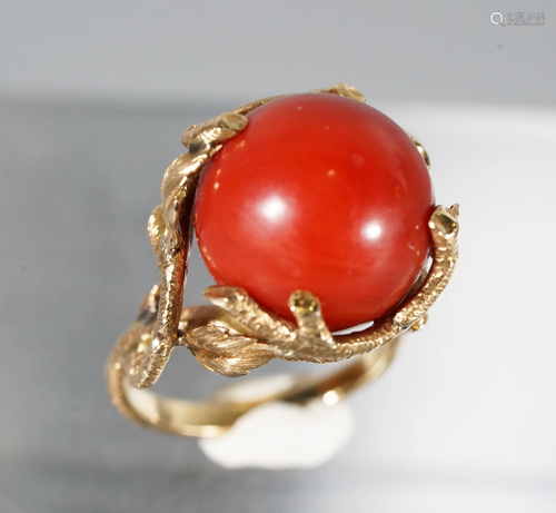 Fine Dark Coral Ball 14 Karat Yellow Gold Ring