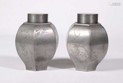 Pr Chinese Hexagonal Pewter Tea Can…