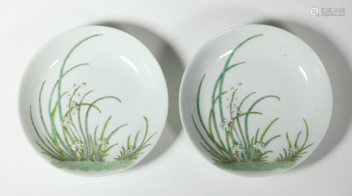 Pair Chinese Orchid Design Porcelain Plates