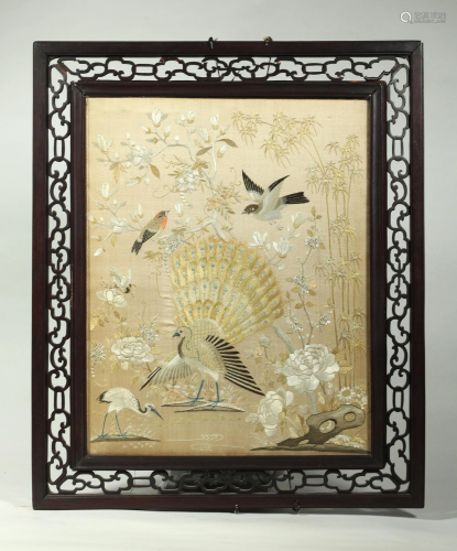 Chinese Qing White Silk Embroidered Bird Panel