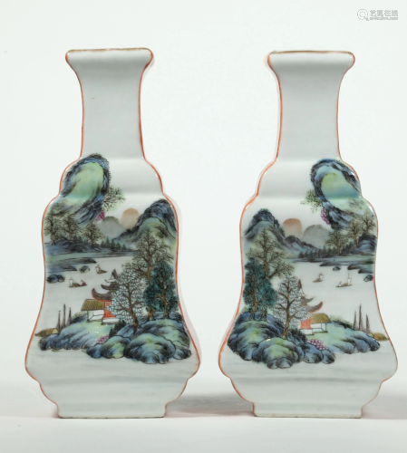 Pair Chinese Famille Rose & Wood Grain Vases
