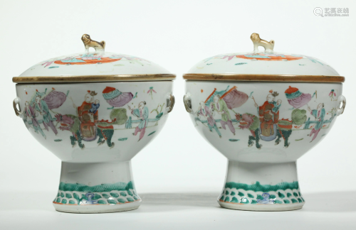 Pair Chinese 19 C 3-Part Enameled Hot Pots