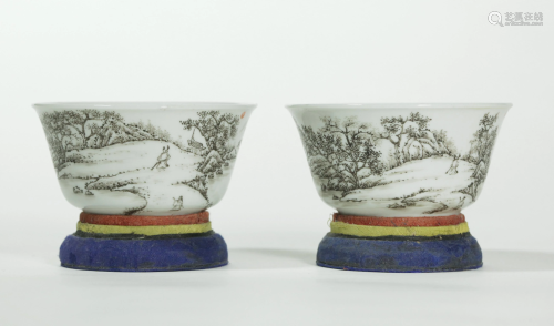 Pair of Chinese Grisaille Decorated Teacups