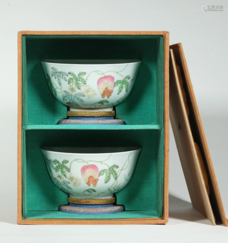 Pair Chinese Famille Rose Vine & Fruit Bowls; Box