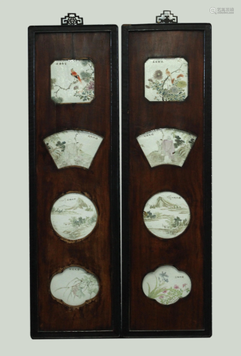 Pair Chinese 19 C Panels; total 8 Porcelain Pl…