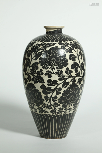 Chinese Cizhou Black & White Carved Mei…