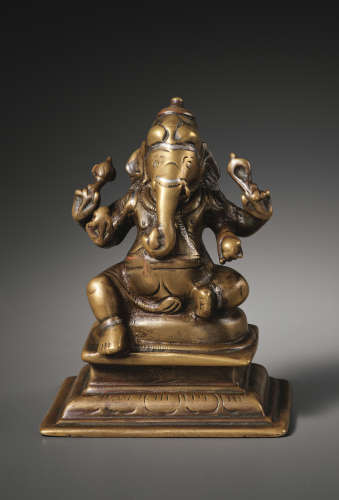 印度十七世纪 合金铜嵌银嵌红铜象鼻财神