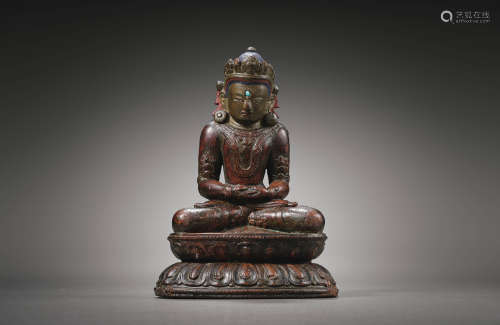 西藏十四世纪 木雕无量寿佛
