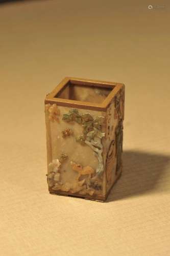 清18世纪寿山石嵌百宝四方笔筒 