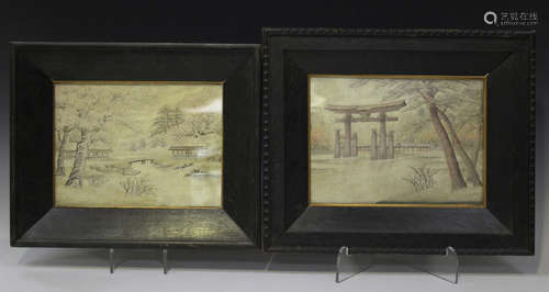 Two Japanese silk embroidered rectangular panels, early 20th century, each finely worked in coloured