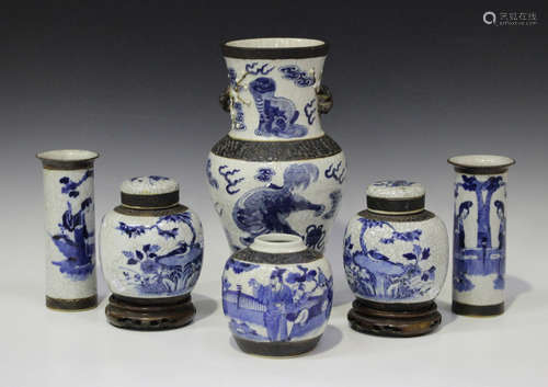 A Chinese blue and white crackle glazed porcelain vase, late 19th century, the baluster body painted