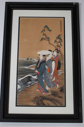 A Japanese print, 20th century, depicting three ladies standing at a shoreside, heightened in