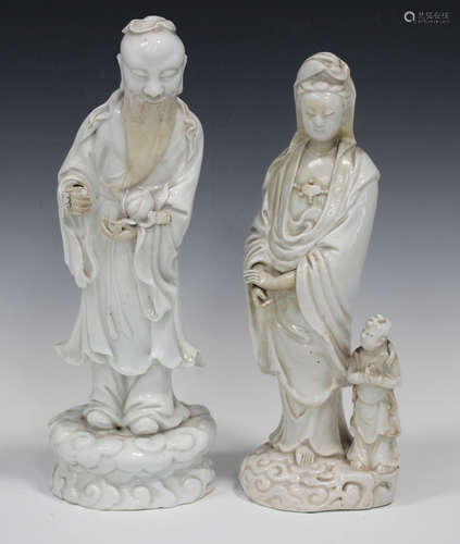 A Chinese blanc-de-Chine porcelain figure of Guanyin, Kangxi period, modelled standing beside an