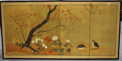 A Japanese four-fold screen, probably early 20th century, painted with an autumnal scene of two