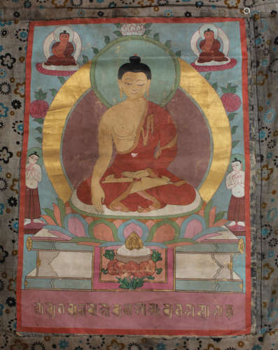 A Tibetan thangka, late Qing dynasty, painted and gilt with a central Buddha seated in dhyanasana on