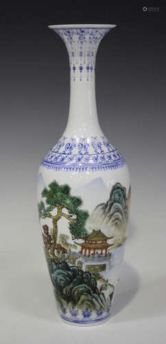 A Chinese eggshell porcelain vase, mid to late 20th century, of slender baluster form, painted