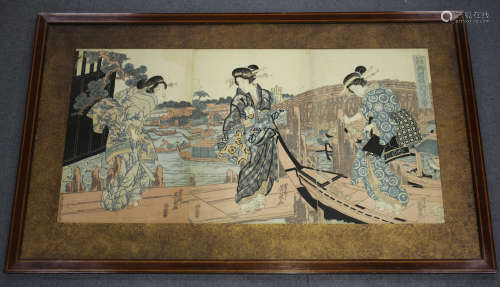 Kesai Eisen (1790-1848) - a Japanese polychrome woodblock triptych print, late Edo period, depicting