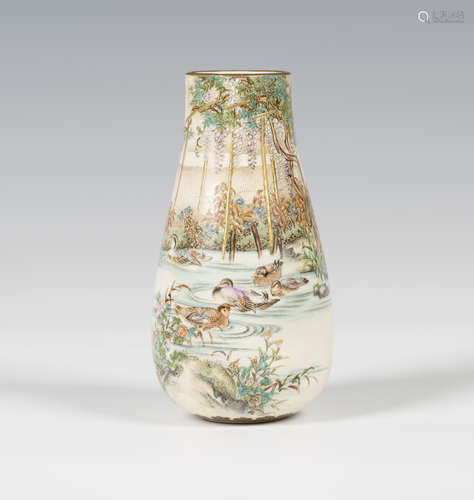 A Japanese Satsuma earthenware flatback vase, by Kozan, Meiji period, of tapering form, the front