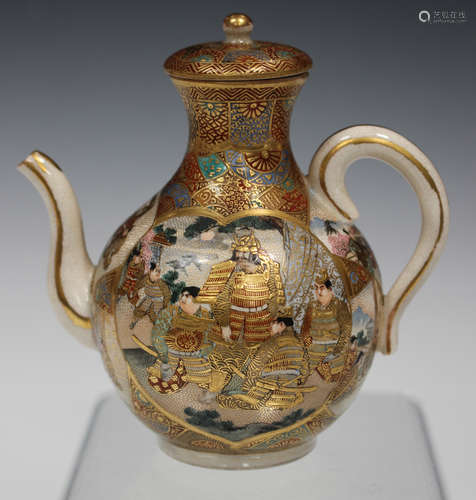 A Japanese Satsuma earthenware wine pot and cover, Meiji period, the baluster body painted and