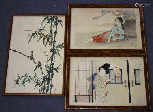 Two Japanese polychrome woodblock prints, Meiji period, each depicting a Bijin, 24cm x 36cm,