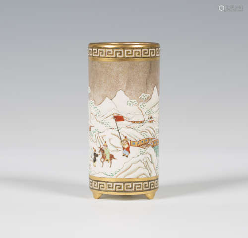 A Japanese Satsuma earthenware spill vase/brush pot, by Meizan, Meiji period, of cylindrical form,