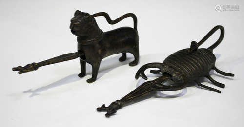 An Indian brass padlock and key, late 19th century, modelled in the form of a lion, length including