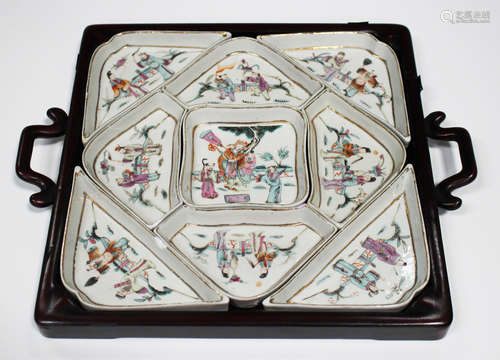 A Chinese famille rose porcelain supper set, Republic period, comprising nine dishes, each painted