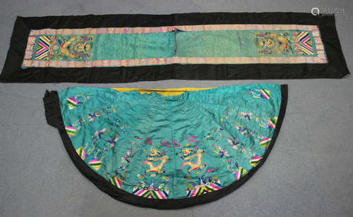 A pair of Chinese green silk embroidered rectangular chair back panels, early 20th century, each