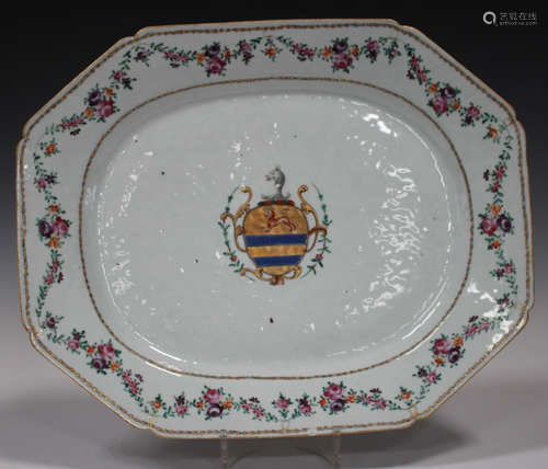 A Chinese famille rose export armorial porcelain meat dish, Qianlong period, enamelled and gilt with