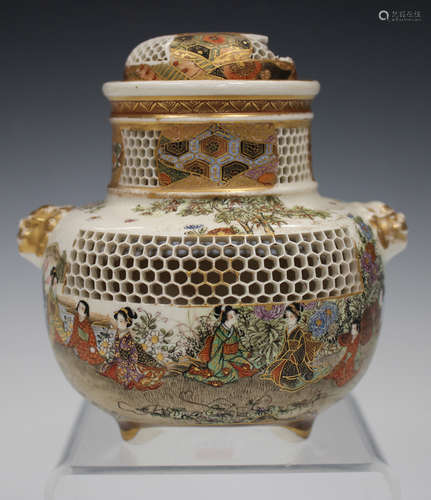 A Japanese Satsuma earthenware, koro and cover by Kinkozan, Meiji period, the compressed circular